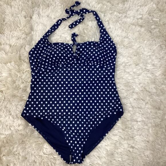 Peyton & Parker One Piece Swimsuit XXL Navy White Polka Dot Halter Top NWT - Picture 1 of 7